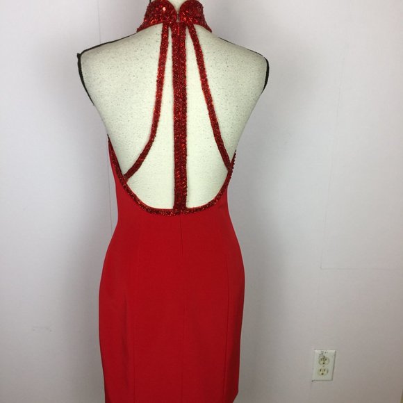 Niteline Della Roufagali Sheath Dress Size 10 Womans Red Halter Beaded Open Back - Picture 14 of 15